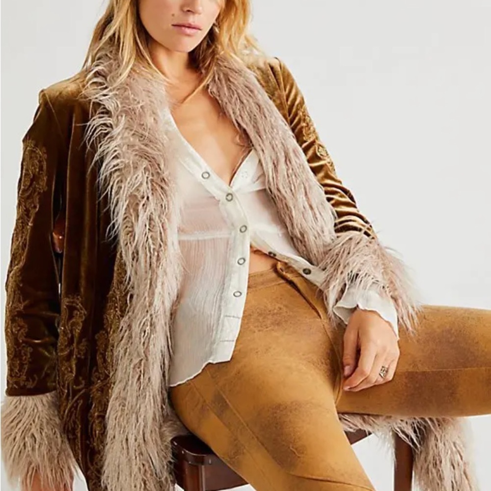 Free People Understated Leather Velvet Moon Glow Coat - Goldrust